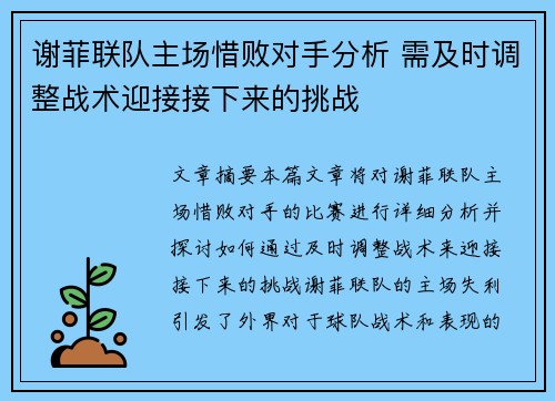 谢菲联队主场惜败对手分析 需及时调整战术迎接接下来的挑战