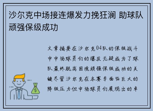 沙尔克中场接连爆发力挽狂澜 助球队顽强保级成功