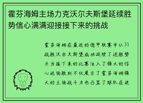 霍芬海姆主场力克沃尔夫斯堡延续胜势信心满满迎接接下来的挑战