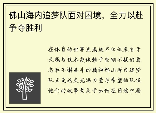 佛山海内追梦队面对困境，全力以赴争夺胜利