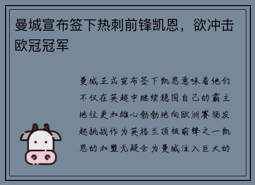 曼城宣布签下热刺前锋凯恩，欲冲击欧冠冠军