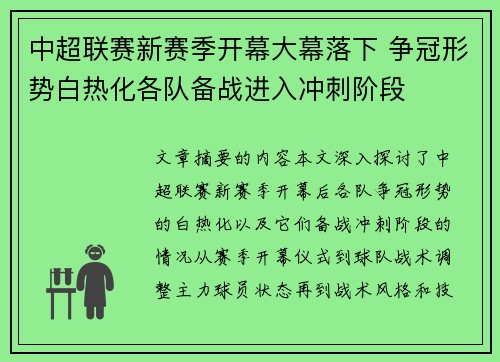 中超联赛新赛季开幕大幕落下 争冠形势白热化各队备战进入冲刺阶段