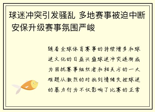球迷冲突引发骚乱 多地赛事被迫中断 安保升级赛事氛围严峻